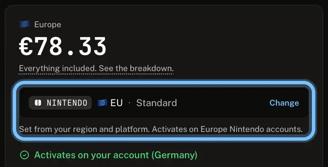 A game's page on Andalu with the version ringed under the price: Nintendo, EU, Standard, and the line saying which accounts it activates on