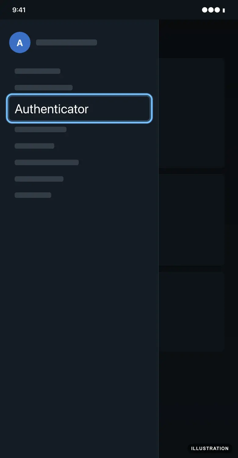 Illustration of the Battle.net mobile app with the side menu open and Authenticator ringed