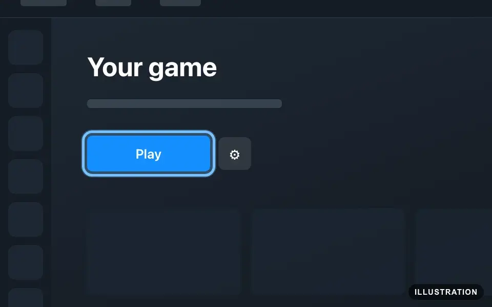 Illustration of a game's page in the Battle.net desktop app with the Play button ringed and the gear icon beside it