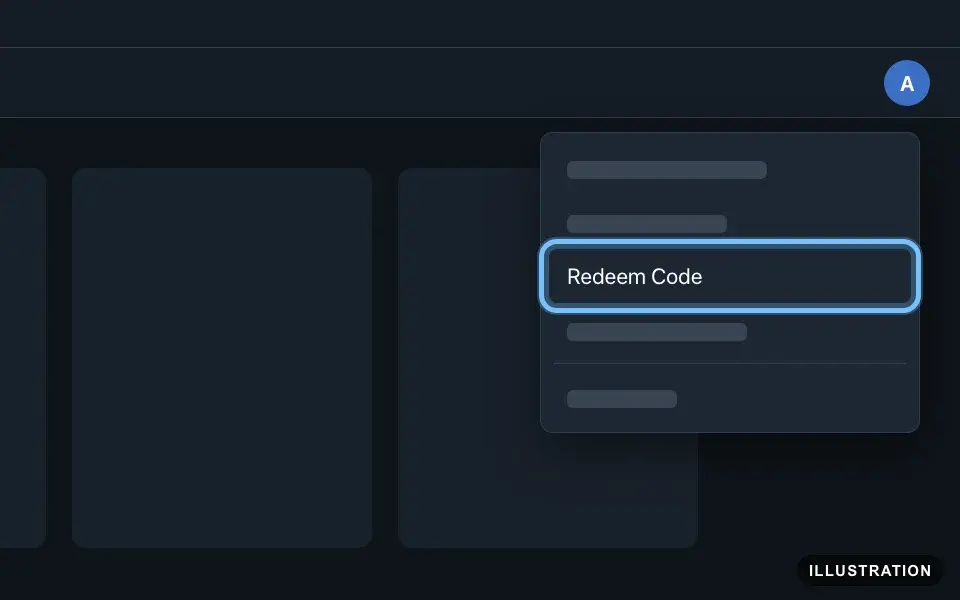 Illustration of the Battle.net desktop app with the profile menu open at the top right and Redeem Code ringed