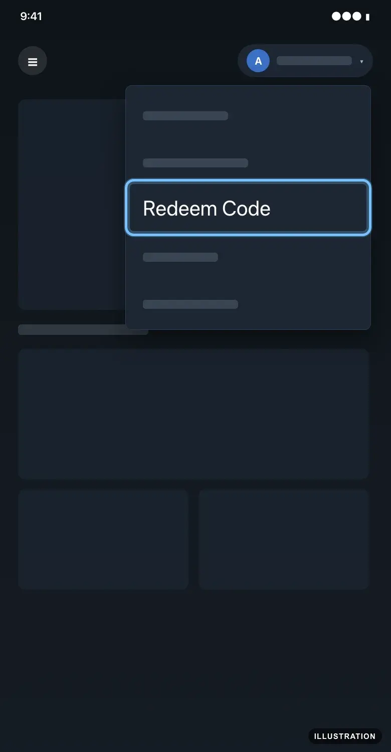 Illustration of the Battle.net mobile app with the profile dropdown open under your BattleTag and Redeem Code ringed
