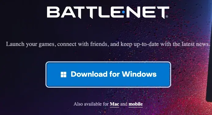 The Battle.net desktop app download page, with the Download for Windows button ringed and links for Mac and mobile below it