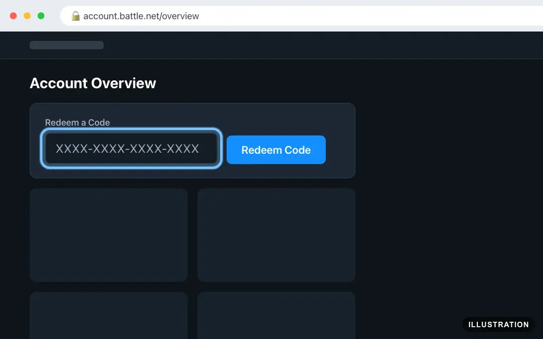Illustration of the Battle.net Account Overview page with the Redeem a Code box ringed