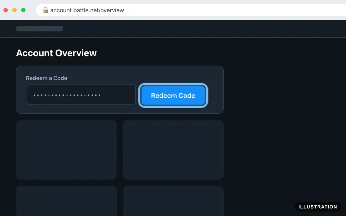 Illustration of the Redeem a Code box on the Battle.net Account Overview with a code entered and the Redeem Code button ringed