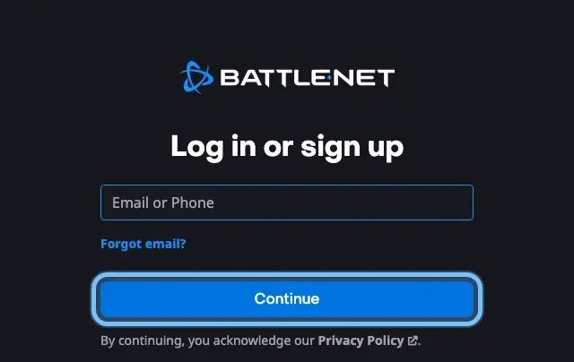 The Battle.net Log in or sign up page, signed out, with the Email or Phone field and the Continue button ringed