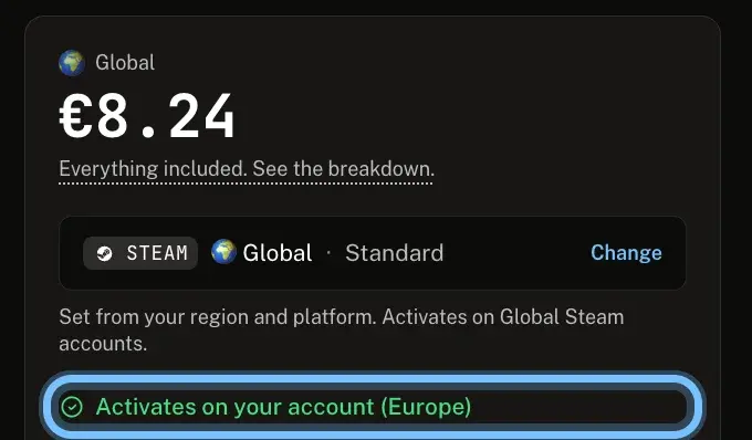 The buy box on an Andalu product page with the line Activates on your account (Europe) ringed