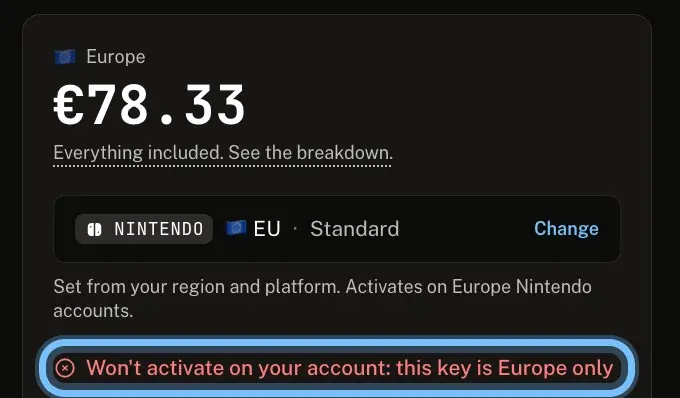 The buy box for a Europe-only Nintendo key, seen by a buyer set to North America, with the line Won't activate on your account ringed