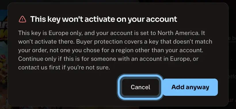 The warning This key won't activate on your account, shown after Add to cart on a key for another region, with Cancel ringed