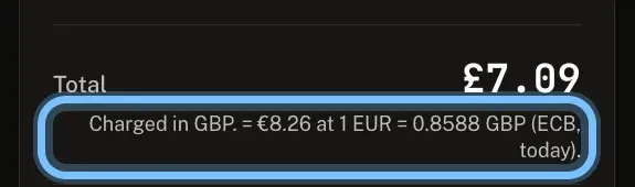 The total on Andalu checkout in pounds, with the line Charged in GBP, and its euro equivalent ringed