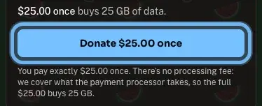The Andalu donation form with the Donate $25.00 once button ringed