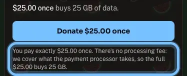 The Andalu donation form with the note saying you pay exactly the amount, with no processing fee, ringed