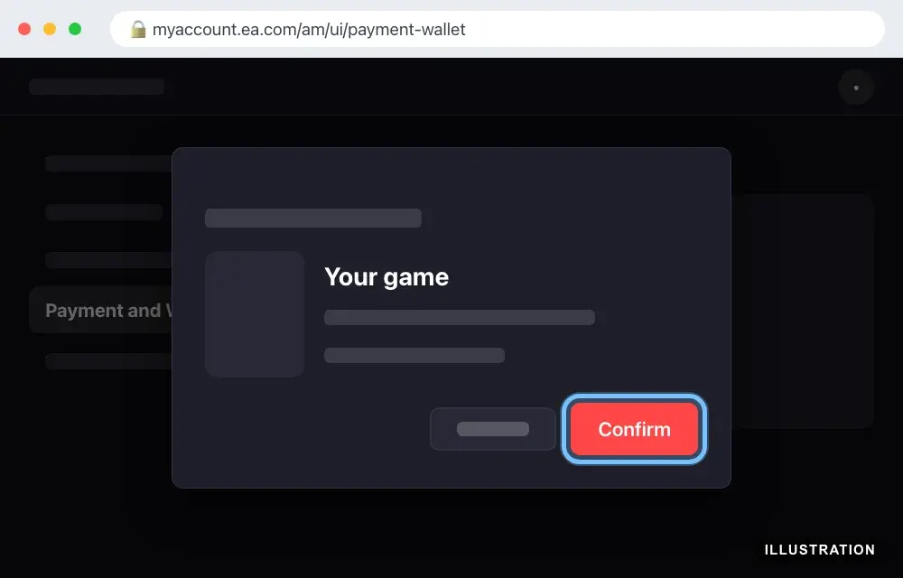 Illustration of the EA Account website showing the game the code adds, with the Confirm button ringed