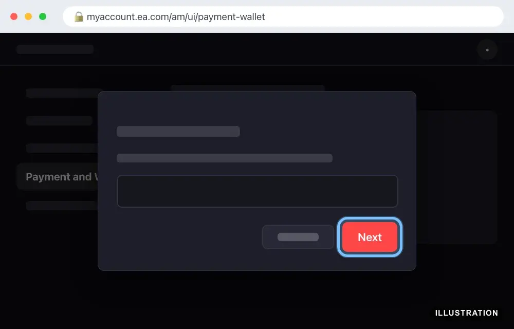 Illustration of the product code window on the EA Account website with the code field and the Next button ringed