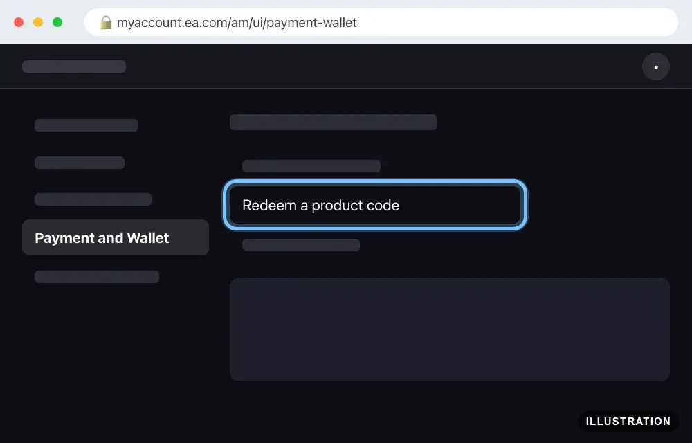 Illustration of the Payment and Wallet tab of the EA Account website with Redeem a product code ringed