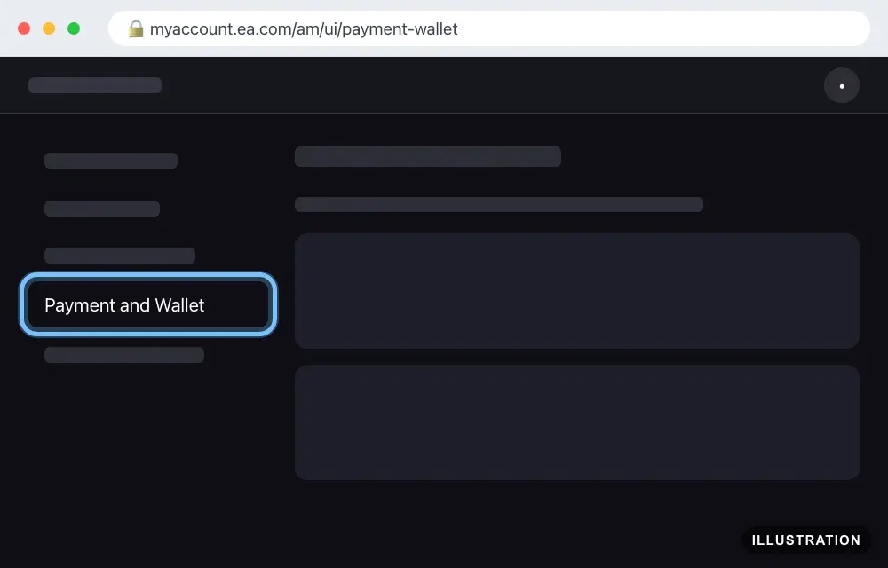 Illustration of the EA Account website with the Payment and Wallet tab ringed