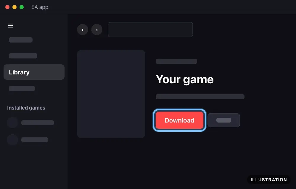 Illustration of a game's page in the EA app with the Download button ringed