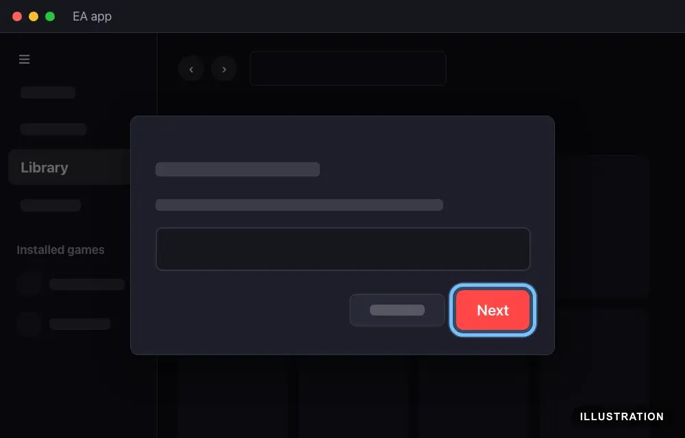 Illustration of the EA app's code window over the Library page, with the code field and the Next button ringed