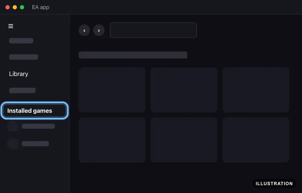Illustration of the EA app sidebar with the Installed games list ringed