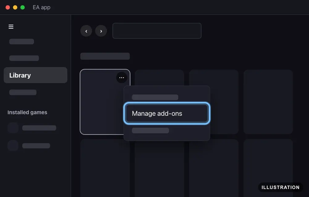Illustration of a game tile in the EA app Library with its three-dot menu open and Manage add-ons ringed