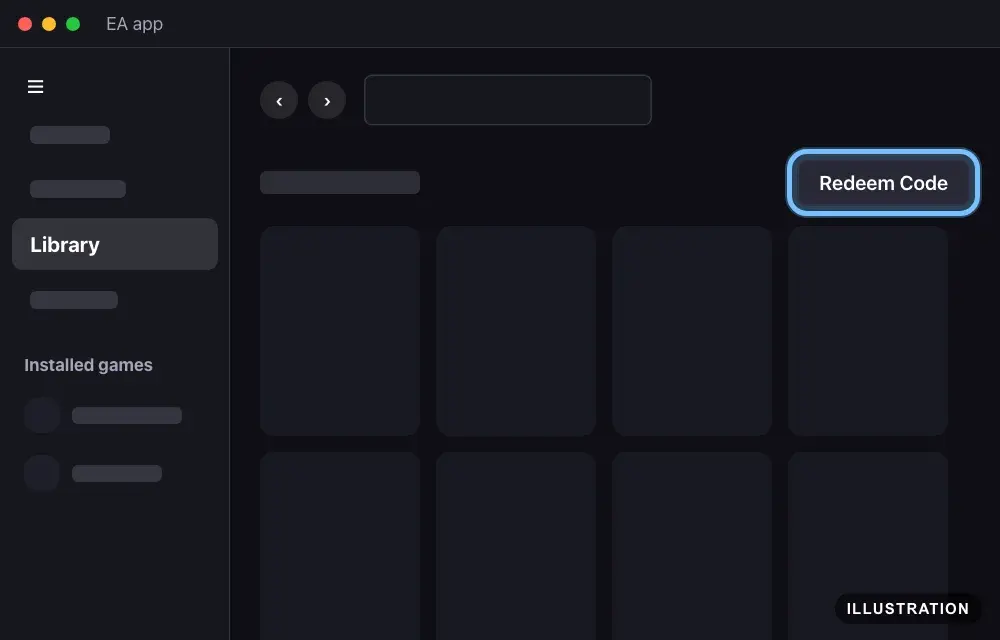 Illustration of the EA app Library page with the Redeem Code button ringed on the right