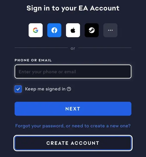 The EA Account sign-in page, signed out, with the CREATE ACCOUNT button ringed