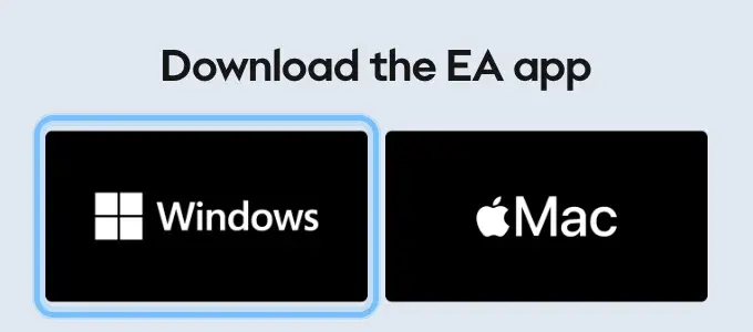 The download section of EA's EA app page, with the Windows button ringed beside the Mac button
