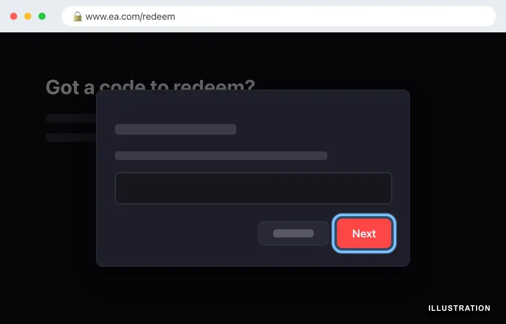 Illustration of the code window on ea.com/redeem with the code field and the Next button ringed