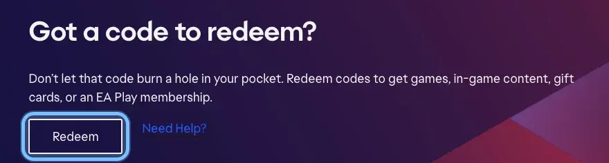The ea.com/redeem page, signed out, with the Redeem button ringed under Got a code to redeem?