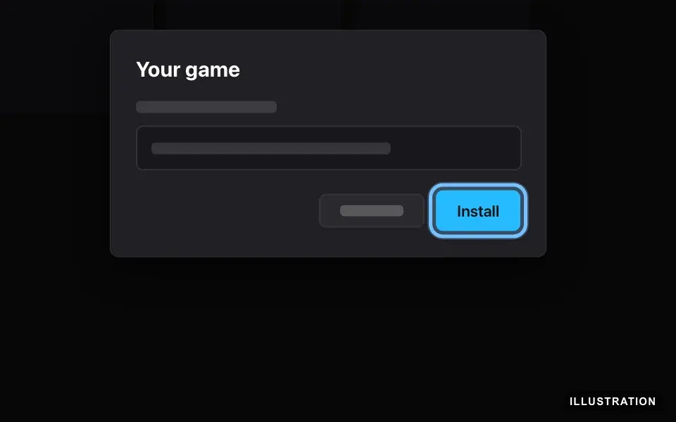 Illustration of the Epic Games Launcher's install window with the folder field and the Install button ringed