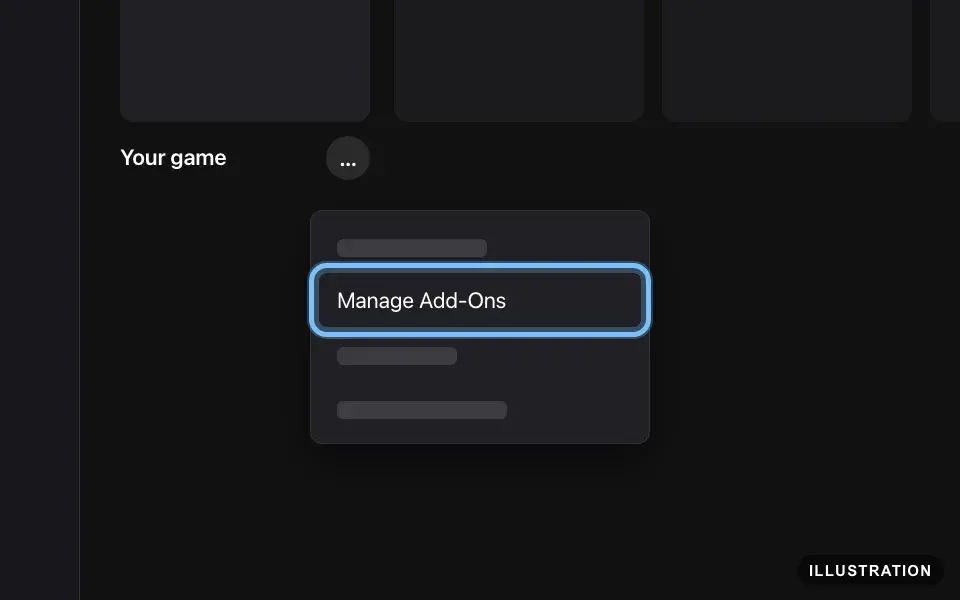 Illustration of the Epic Games Launcher Library with a game's three-dot menu open and Manage Add-Ons ringed