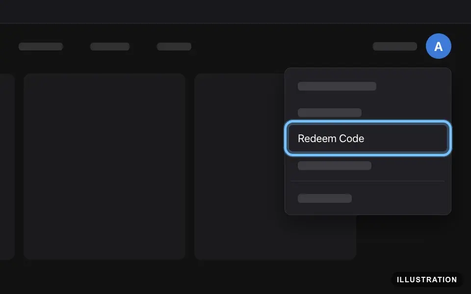 Illustration of the Epic Games Launcher with the profile menu open at the top right and Redeem Code ringed