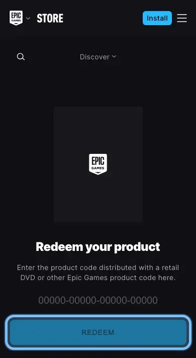 The Epic Games Store redeem page in a phone browser with the Redeem button ringed under the code field