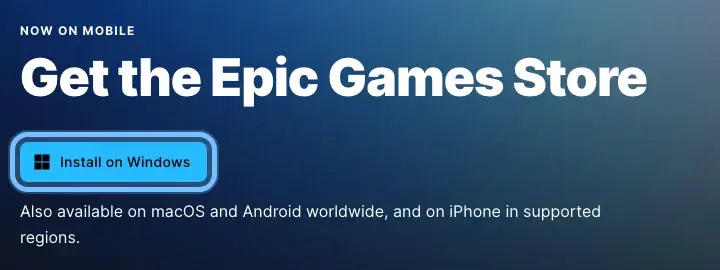 The Epic Games Store download page with the install button for the visitor's computer ringed