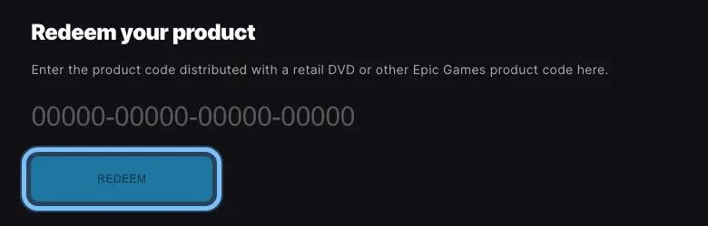 The Epic Games Store redeem page with the Redeem your product code field and the Redeem button ringed