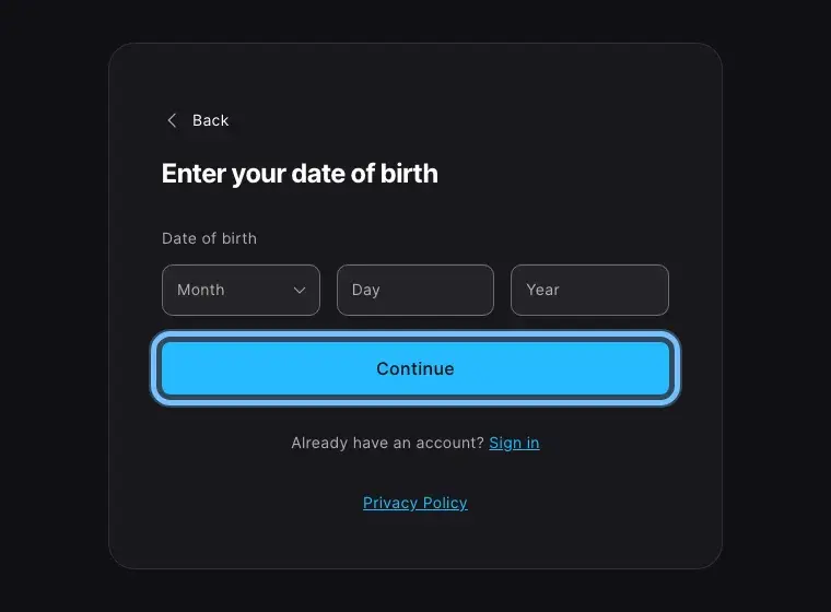 The Epic Games sign-up page asking for your date of birth, with the Continue button ringed