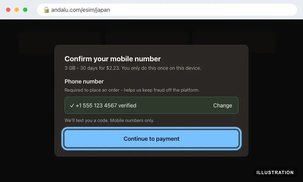 Illustration of the Andalu Confirm your mobile number sheet with the number verified and Continue to payment ringed