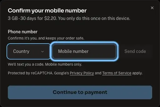 The Andalu Confirm your mobile number sheet after Buy, with the Phone number field ringed