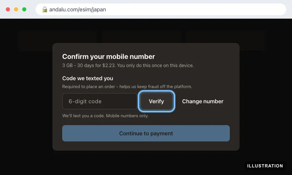 Illustration of the Andalu Confirm your mobile number sheet at the code step, with the Verify button ringed