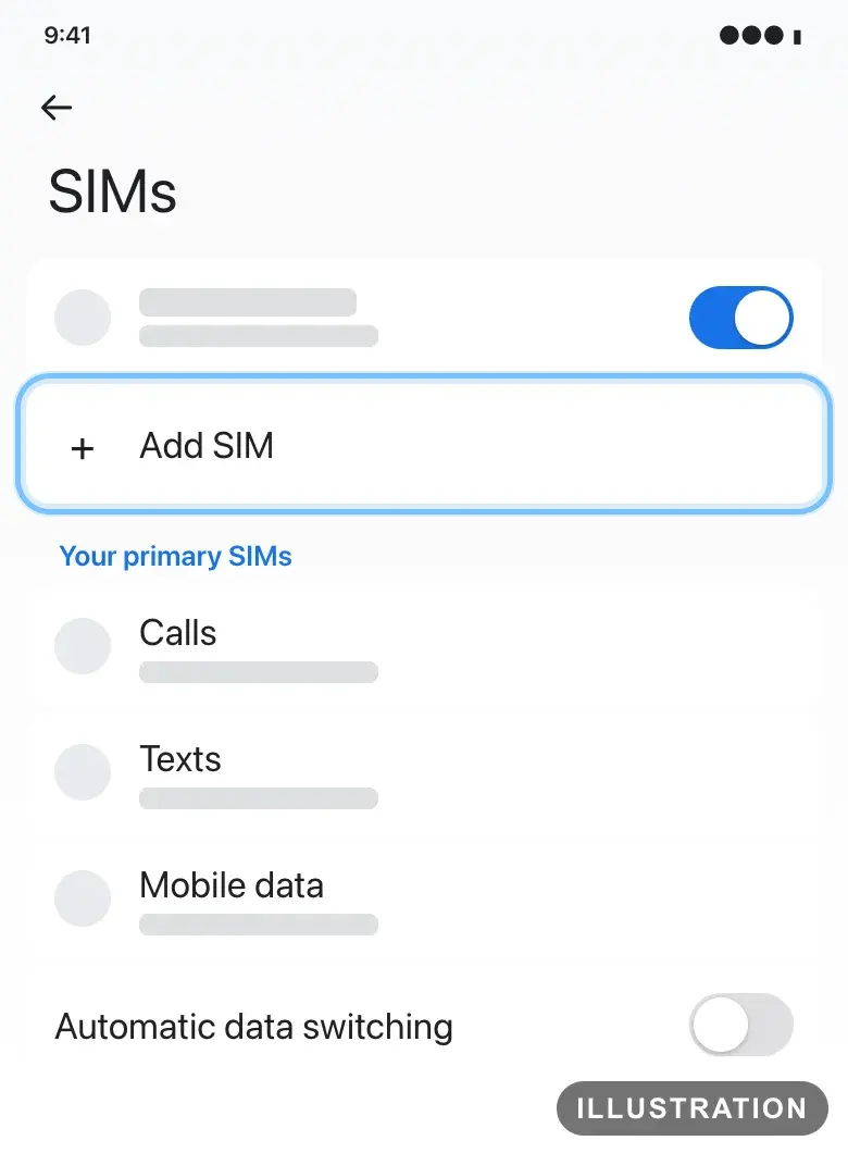 Illustration of the Pixel SIMs settings with Add SIM ringed