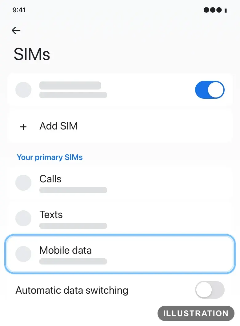 Illustration of the Pixel SIMs settings with Mobile data ringed under Your primary SIMs