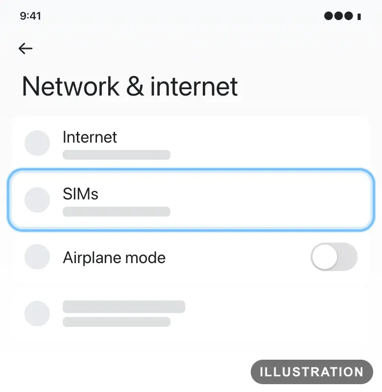 Illustration of the Pixel Network & internet settings with SIMs ringed
