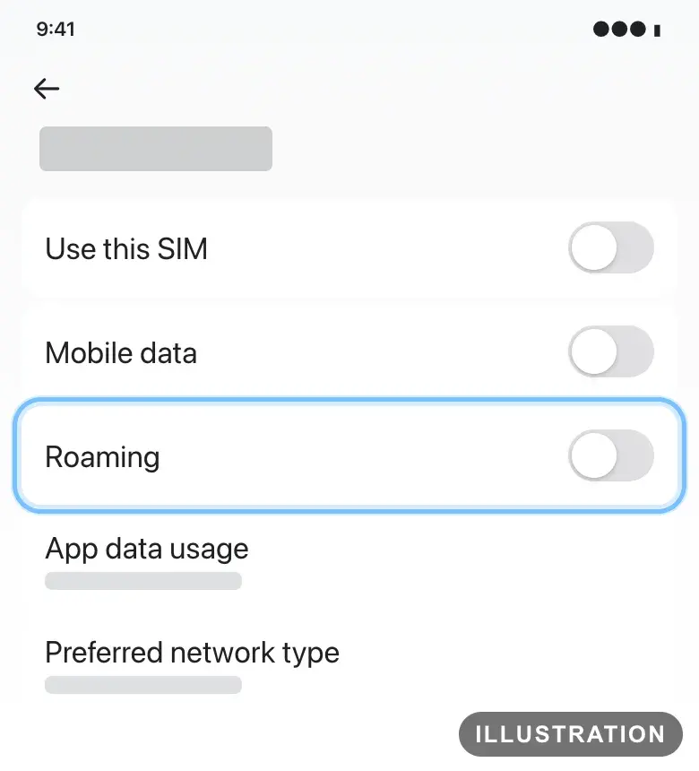 Illustration of a Pixel SIM's settings with the Roaming switch ringed