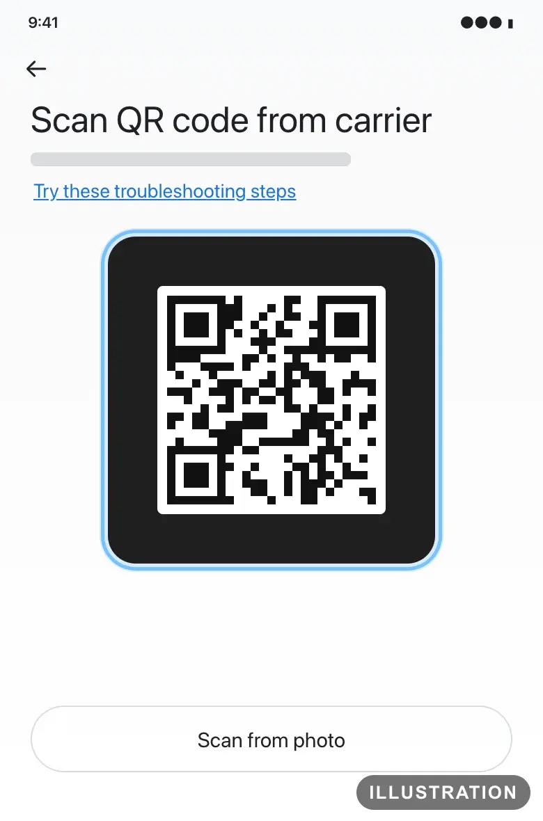Illustration of the Pixel QR code scanner, with the camera frame ringed and Scan from photo below it
