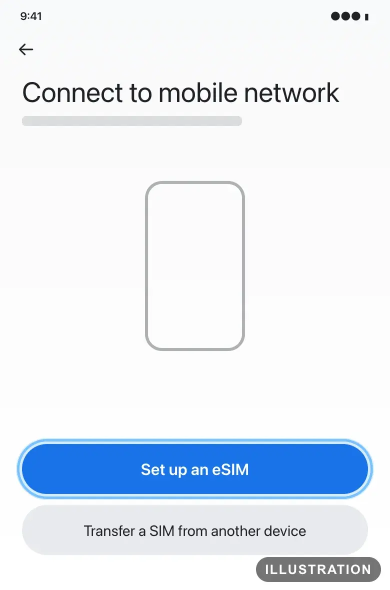 Illustration of the Pixel Connect to mobile network screen with the Set up an eSIM button ringed
