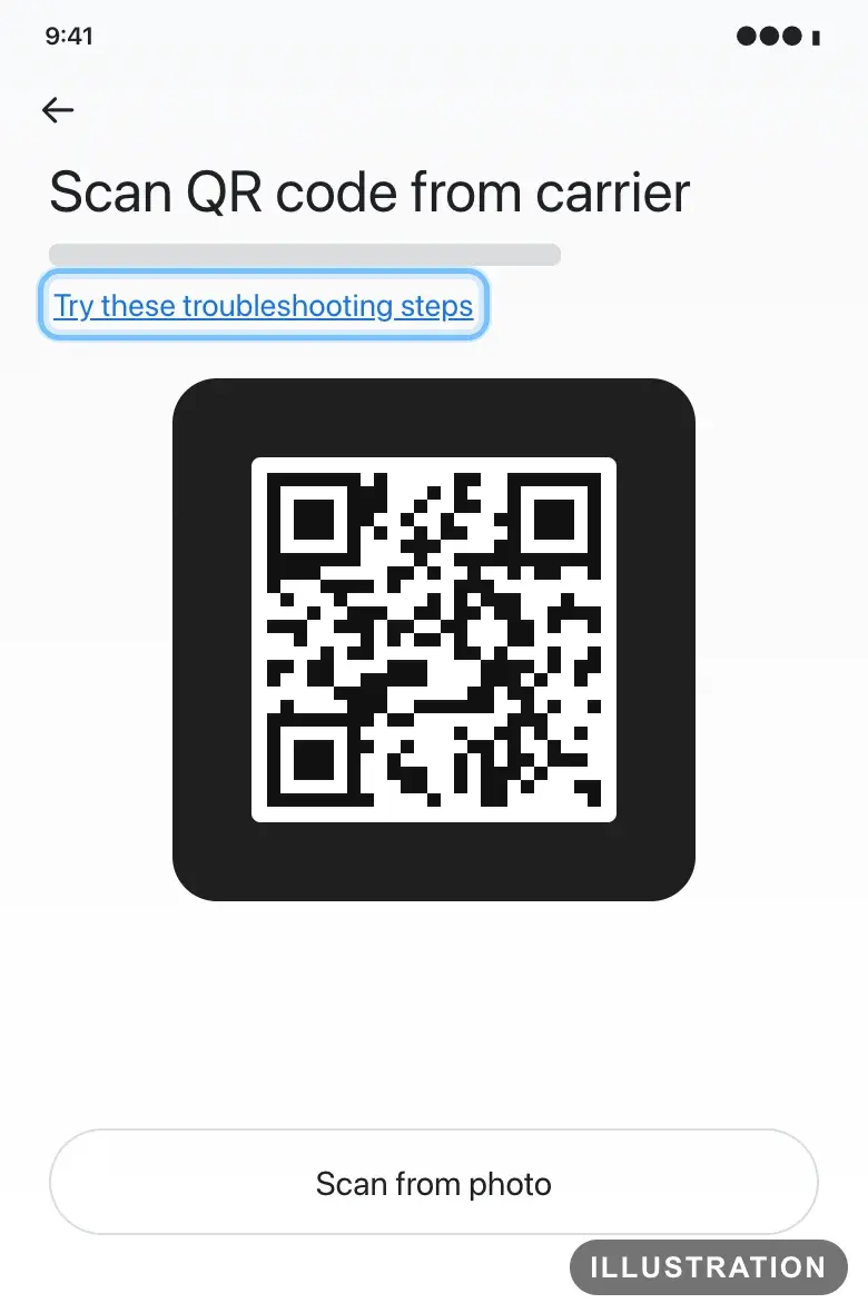Illustration of the Pixel QR code scanner with the Try these troubleshooting steps link ringed
