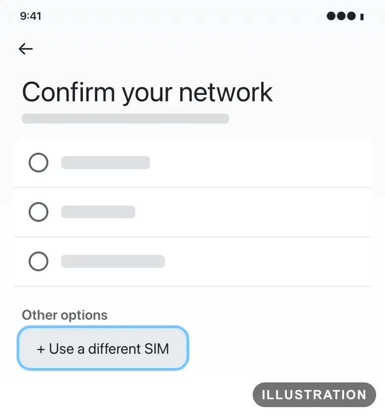Illustration of the Pixel Confirm your network screen with Use a different SIM ringed under Other options