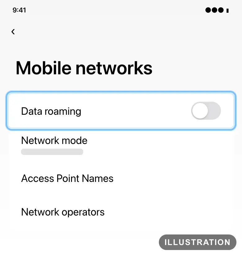 Illustration of the Samsung Galaxy Mobile networks settings with the Data roaming switch ringed