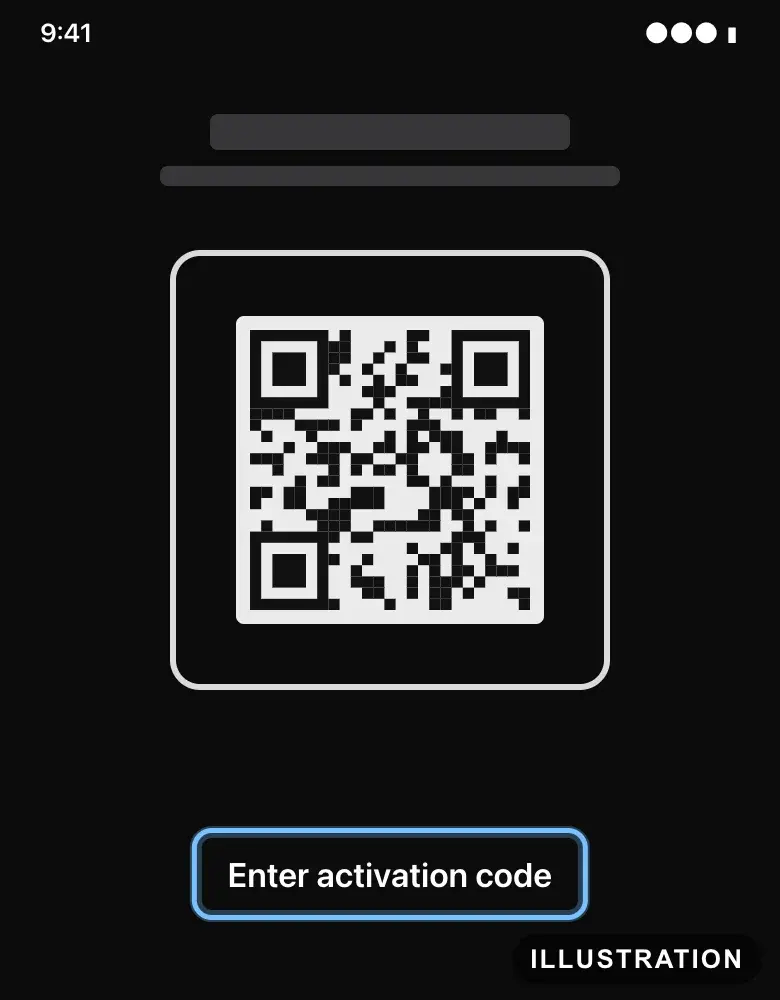 Illustration of the Samsung Galaxy QR code scanner with Enter activation code ringed