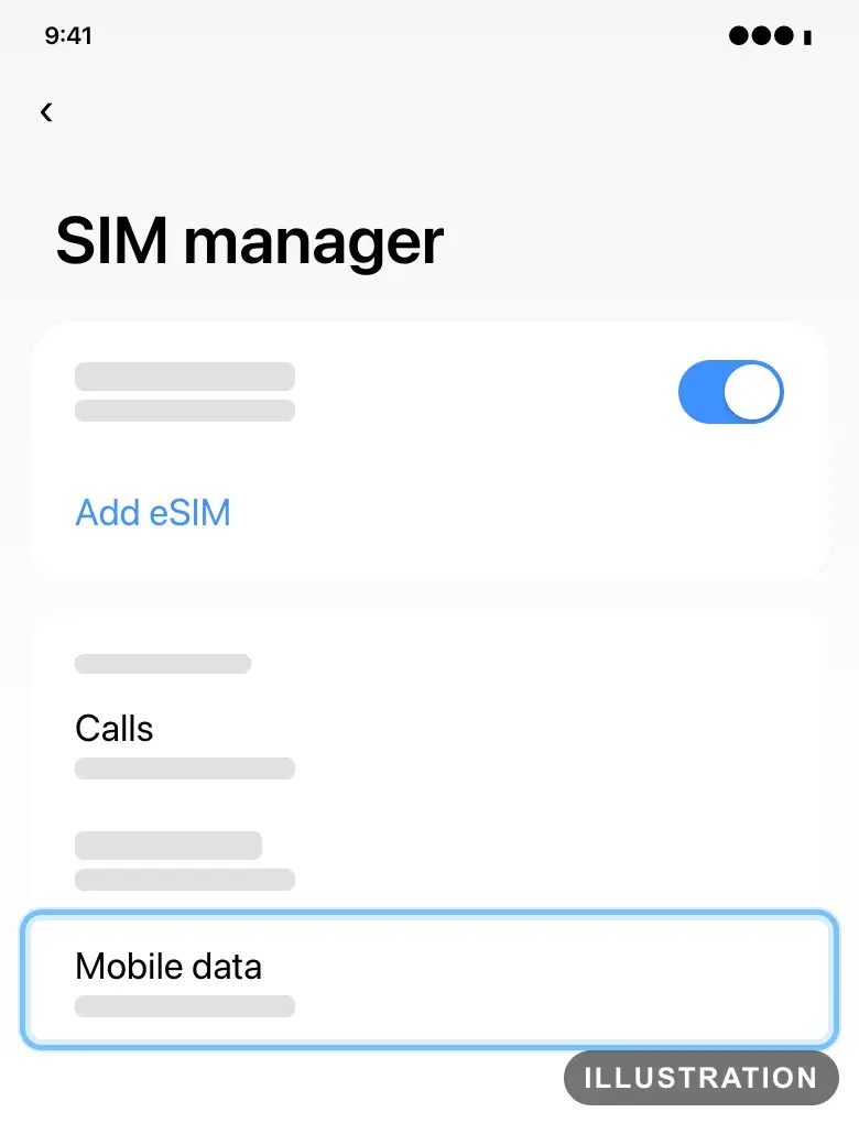 Illustration of the Samsung Galaxy SIM manager with Mobile data ringed