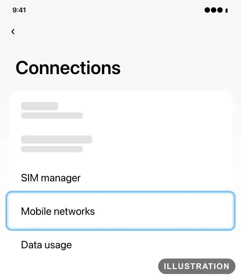 Illustration of the Samsung Galaxy Connections settings with Mobile networks ringed